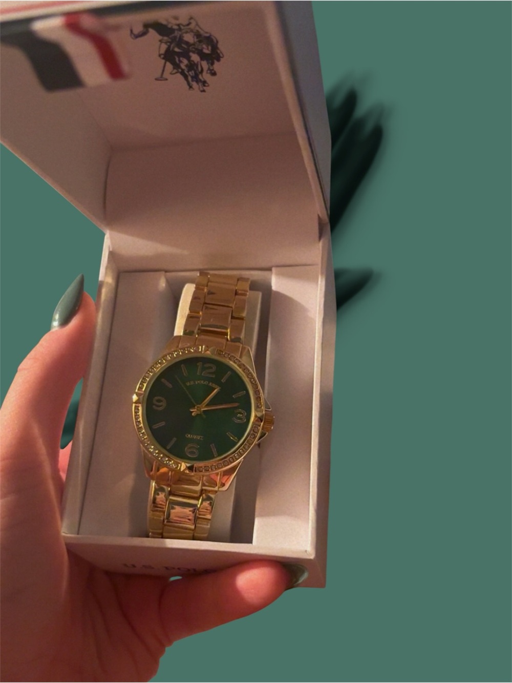 U.S. Polo Assn. Gold-Tone Watch with Green Sunray Dial